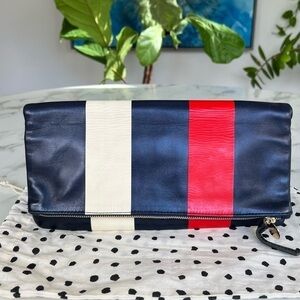 CLARE V. Super Flat Clutch Navy Red Cream Striped Leather Foldover Bag